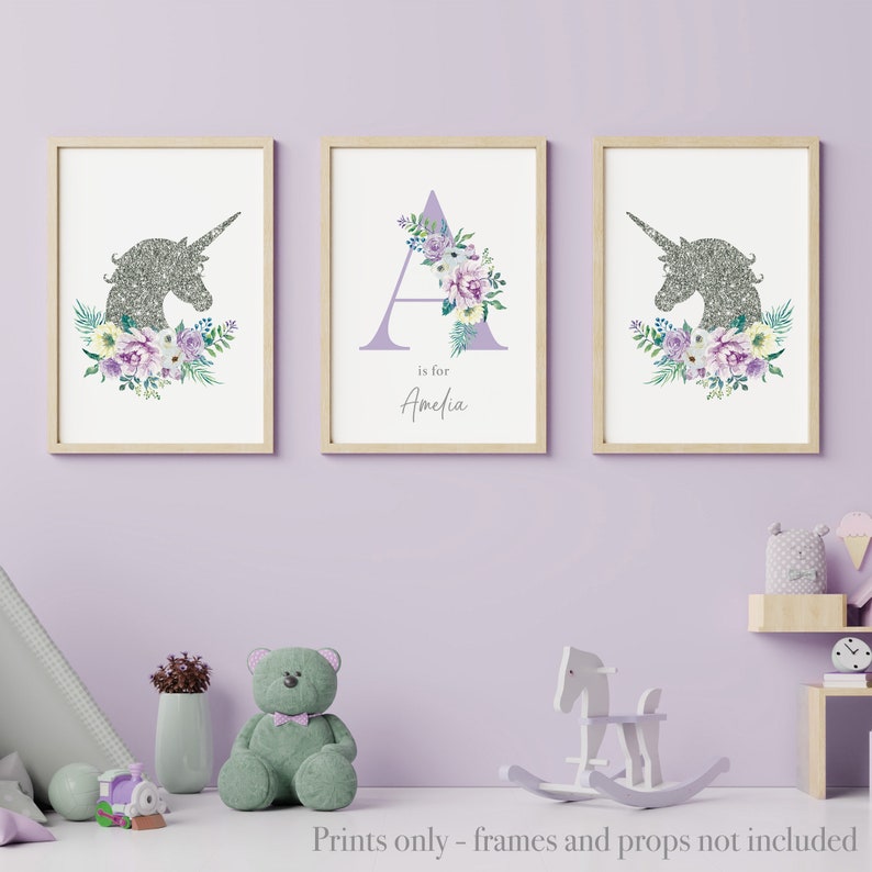 Set of 3 unicorn prints for girls bedroom or nursery Purple | Etsy