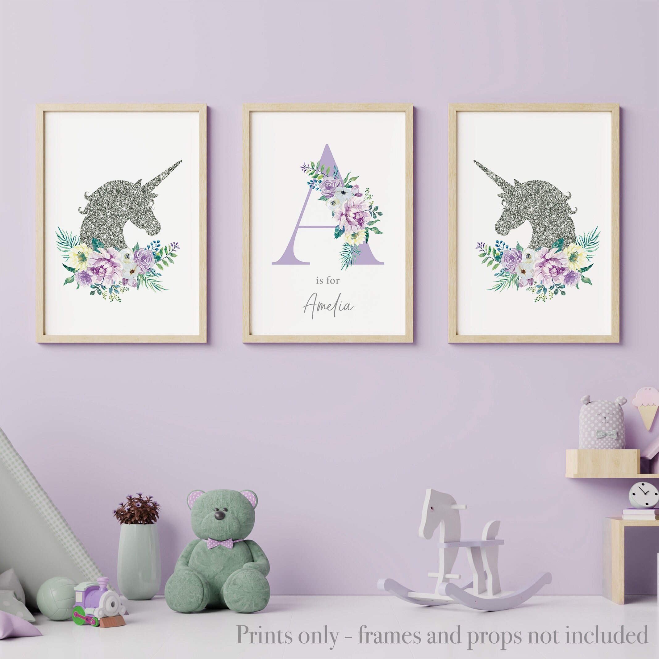Set of 3 unicorn prints for girls bedroom or nursery Purple | Etsy