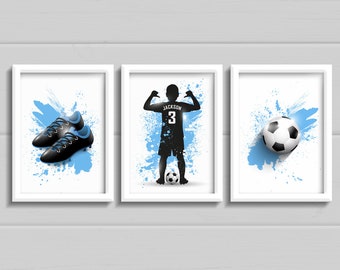 Set of 3 personalised football prints, Boys bedroom wall art, any colour with name, football Boots, teen decor,