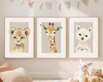Beige Nursery Safari Prints, Gender Neutral Animal Theme Beige Nursery Decor, Set of 3.