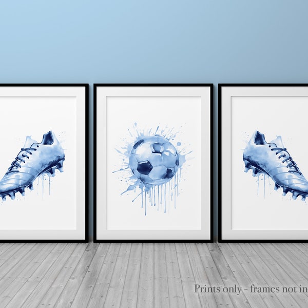 Football prints for Boys bedroom, set of 3 any colour football boots and ball wall art, personalised teen room decor, gift for football fan.