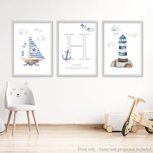 Nautical nursery prints, Set of 3 sea themed prints for boys room wall art, blue and grey bedroom prints personalised with name.