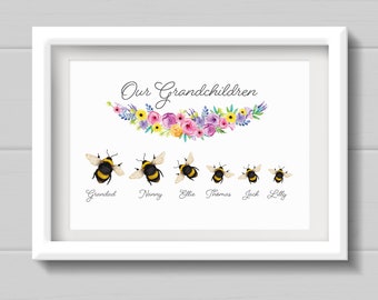 Bumble BEE Family Print, Personalised gift for Grandparents with Grandchildrens Names, gift for Dad or mum. Wall Art decor