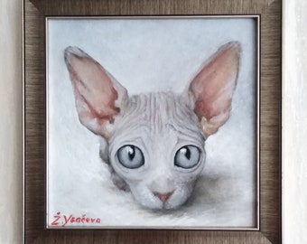 Peinture pour animaux de compagnie. Tableau chat sphinx. Peinture à l'huile originale. Portrait d'animal de compagnie. Peinture optimiste. Peinture faite à la main.