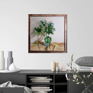 Pintura de ruibarbo. Pintura de flor en jarrón. Pintura sobre lienzo. Para colgar en la pared. Pintura enmarcada. Pintura al óleo única. Pintura original de él.