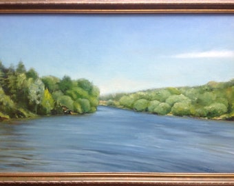 Landscape with River. Middle size painting. Green Nature painting. Blue Water. Nature magic painting. Wall hanging, Him original