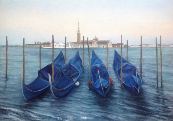ヴェネツィアのゴンドラ 油絵：海の風景、現代アート 50x70 - Etsy 日本