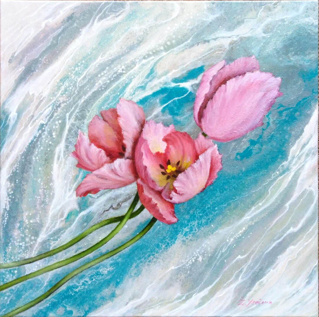 オリジナル油絵 50x50。春のチューリップの絵画。花のオリジナル