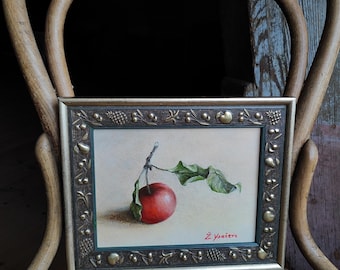 Framed Red Apple, Original Oil Painting, Fruit Still Life, Kitchen Wall Decor