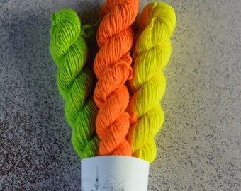 Hand dyed mini skeins of yarn, neon mini yarn, 3 x 80m in 20g, small yarn for colorwork, stripes, intarsia, entrelac knitting