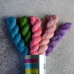 Handgefärbte Ministränge aus Merinogarn, 5 x 80m in 20g, kleines Garn für Colorwork, Streifen, Intarsien, Entrelac geschlagen