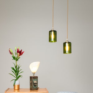 Hanging lamp Vino green, upcycling glass lamp with brass socket and textile cable