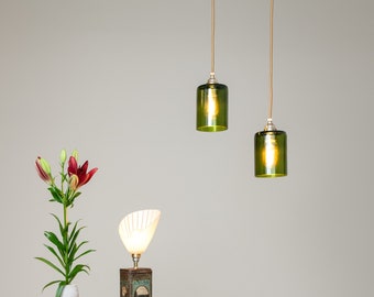 Hanging lamp Vino green, upcycling glass lamp with brass socket and textile cable