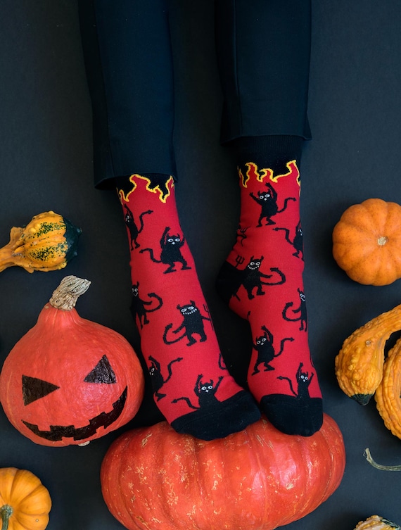 Trick or Treat socks | devil socks | fun monster socks | devilish socks | cute demon socks | fire flame socks | Halloween socks |