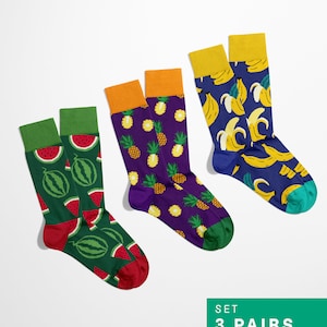 Fruit Socks Set – 3 Pairs of Colorful Fruit-Themed Cotton Socks | Fun Gift for Fruit Lovers | Unisex Funky Socks | Made in Poland