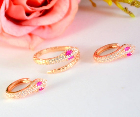Snake Silver Jewelry Pink eye Snake Ring Earring Set Silver | Etsy