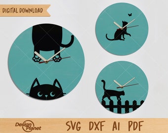 Decoración de reloj de gato SVG: Archivos cortados con láser (descarga digital)
