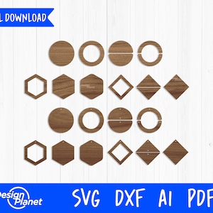May include: A digital download of 12 SVG, DXF, AI, and PDF files featuring various shapes for crafting projects. The shapes include circles, hexagons, and diamonds, with some having a wood grain texture.