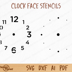 May include: Black and white clock face stencil with numbers 1 through 12 and a circle of dots. The text "CLOCK FACE STENCILS" is at the top of the image. The text "SVG DXF AI PDF" is at the bottom of the image.