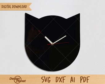 Reloj de pared con cabeza de gato SVG: Archivos cortados con láser (descarga digital)