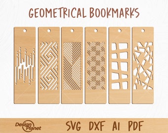 May include: Six wooden bookmarks with different geometric designs cut out. The designs include lines, zigzags, squares, and more. The bookmarks are all the same size and shape.