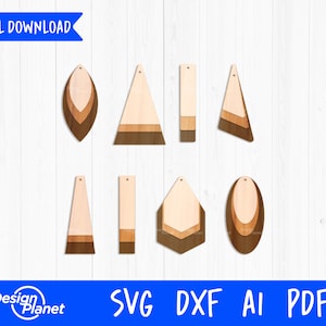May include: Set of eight layered wood earring designs in various shapes, including oval, triangle, and hexagon. The wood is a light brown color with darker brown accents.