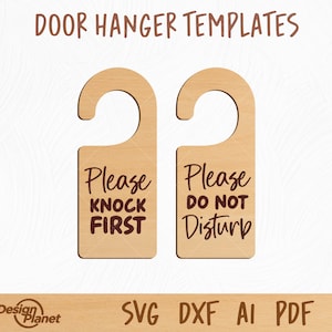 May include: Two wooden door hangers with a cutout for hanging on a door knob. The left hanger says "Please Knock First" and the right hanger says "Please Do Not Disturb".