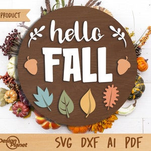 Hello Fall Sign SVG | Hello Fall Hanger, Autumn Sign Svg, Round door hanger Svg, Fall Front Door Sign | Glowforge, Silhouette, Laser File