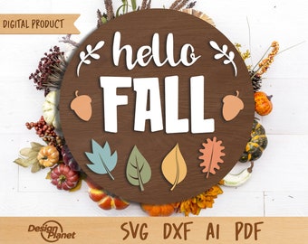 Hello Fall Sign SVG: Autumn Door Hanger Laser File (Digital Download)