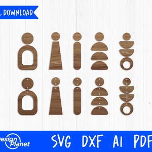 May include: A set of eight digital download files for geometric wood earrings. The earrings are in various shapes, including circles, ovals, and rectangles. The files are available in SVG, DXF, AI, and PDF formats.
