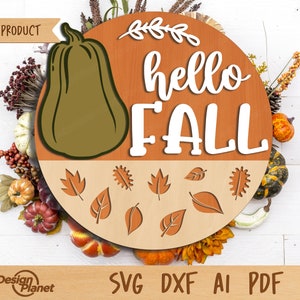 Hello Fall Sign SVG | Fall Sign Svg, Autumn Sign Svg, Round door hanger Svg, Fall Front Door Sign | Glowforge, Silhouette, Laser Cut File