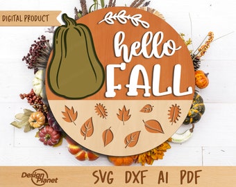 Hello Fall Sign SVG: Laser Cut Door Hanger File (Digital Download)