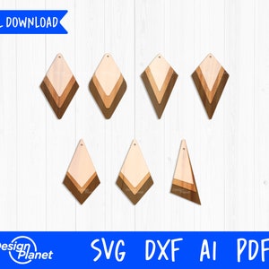 Könnte beinhalten: Sechs verschiedene geometrische Ohrring-Designs in Holzoptik. Jeder Ohrring ist eine geschichtete Diamantform mit einem Farbschema aus Braun, Beige und Hellbraun. Die Ohrringe sind zum digitalen Download in den Formaten SVG, DXF, AI und PDF verfügbar.