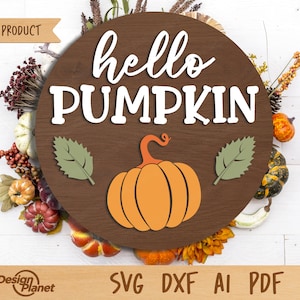 Hello Pumpkin Sign SVG | Pumpkin Sign, Autumn Sign Svg, Round door hanger Svg, Fall Front Door Sign | Glowforge, Silhouette, Laser Cut File