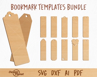 Puede incluir: Un paquete de 12 plantillas de marcapáginas en formatos SVG, DXF, AI y PDF. Las plantillas tienen forma de rectángulos y corazones, con una textura de madera.