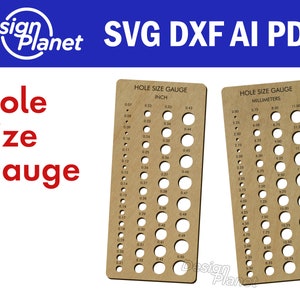 May include: Two brown wooden hole size gauges with different measurements. The gauge on the left measures in inches from 0.07 to 0.21 inches. The gauge on the right measures in millimetres from 2.00 to 5.50 millimetres.