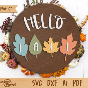 Hello Fall Sign SVG | Autumn Hanger, Autumn Sign Svg, Round door hanger Svg, Fall Front Door Sign | Glowforge, Silhouette, Laser Cut File