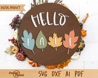 Hello Fall Sign SVG: Autumn Door Hanger Laser Cut File
