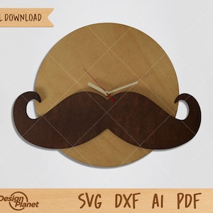 Schnurrbart SVG Laser geschnitten Uhr, Wanduhr Schnurrbart Dateien SVG, Schnurrbart Uhr