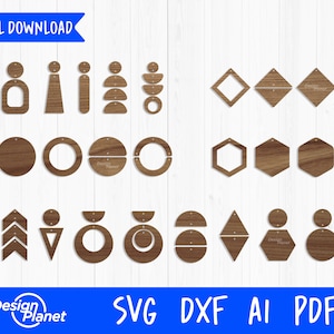 May include: A digital download of 20 SVG, DXF, AI, and PDF files for laser cutting geometric shapes for earrings. The shapes include circles, squares, triangles, hexagons, and more.