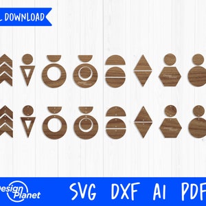 May include: A set of 12 geometric shapes for crafting earrings. The shapes include arrows, triangles, circles, half circles, diamonds, hexagons, and ovals. The shapes are made of wood and are ready to be cut out and used for crafting.