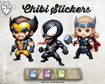 Chibi Stickers - Wolverine Thor Venom - SVG PNG JPG - Printable Digital File Only - Cricut Growforge diy Paper Craft