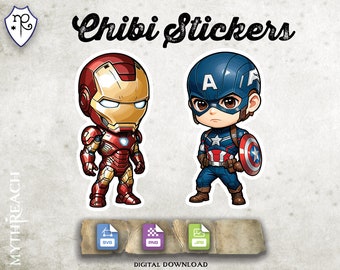 Chibi Stickers - Iron Man Captain America - SVG PNG JPG - Printable Digital File Only - Cricut Growforge diy Paper Craft
