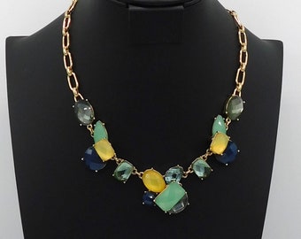 Vintage Anne Klein Gold Link Necklace with Yellow Blue and Green Statement