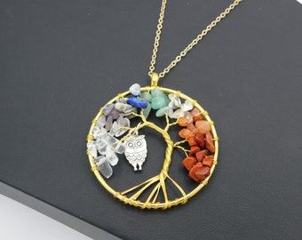 Handcrafted Tree of Life with Owl Gold Tone Wire Wrapped with Semi Precious Stones Necklace