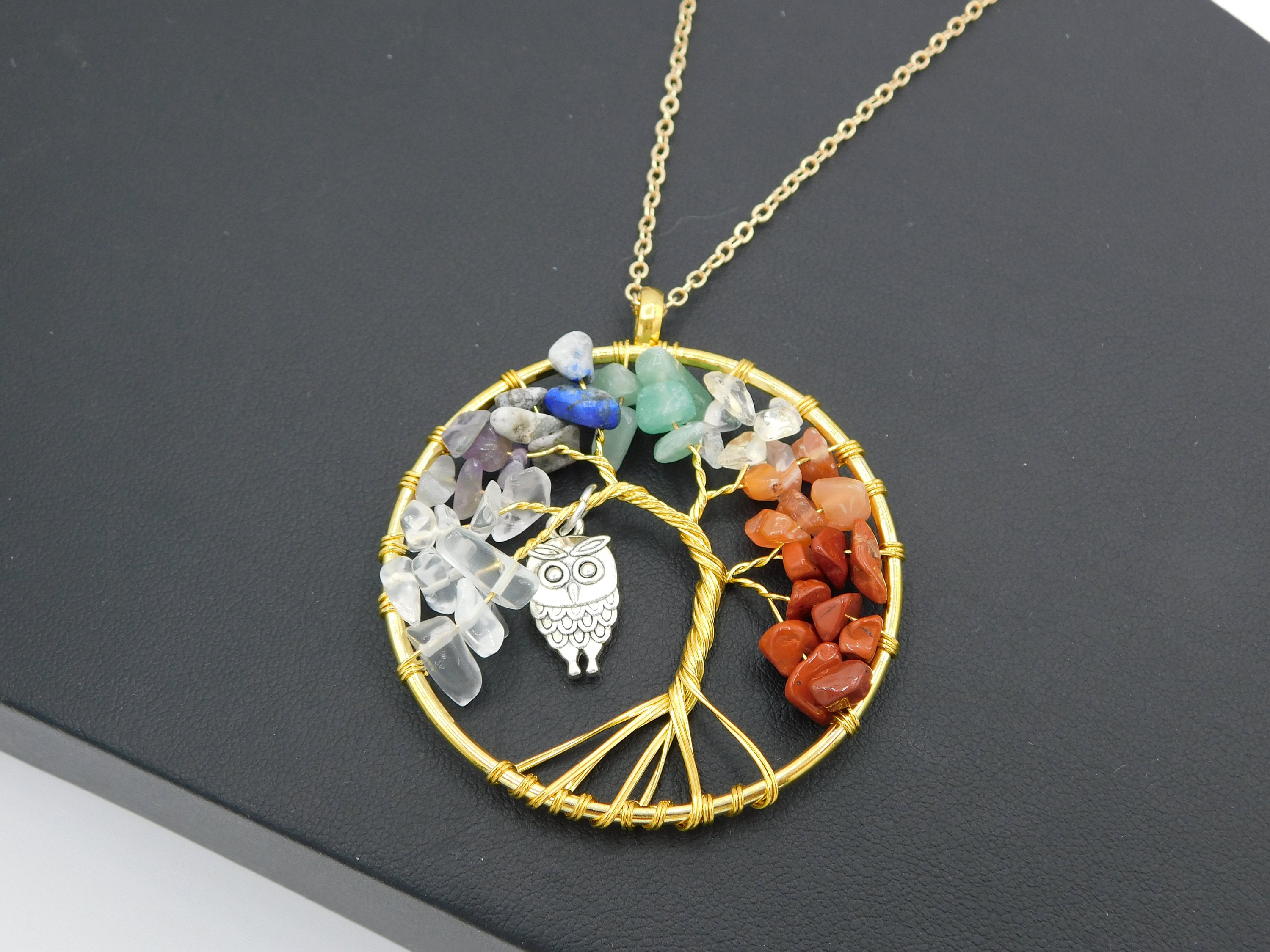 Handcrafted Tree of Life with Owl Gold Tone Wire Wrapped with Semi Precious Stones Necklace