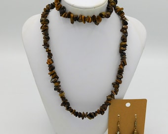 Juego de collar, pulsera y aretes de piedra de chip de ojo de tigre vintage