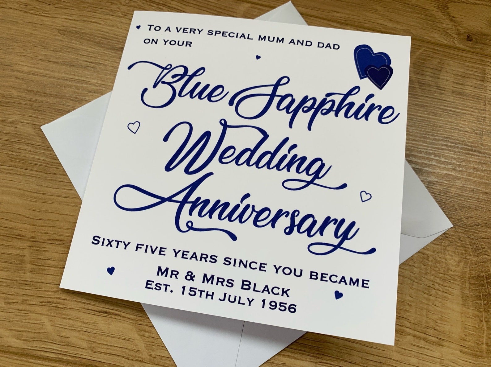 Personalised Blue Sapphire 65th Wedding Anniversary Card Husband Wife ...