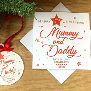 Personalised Mummy and Daddy First 1st Christmas Card and Bauble Any Name Any Message
