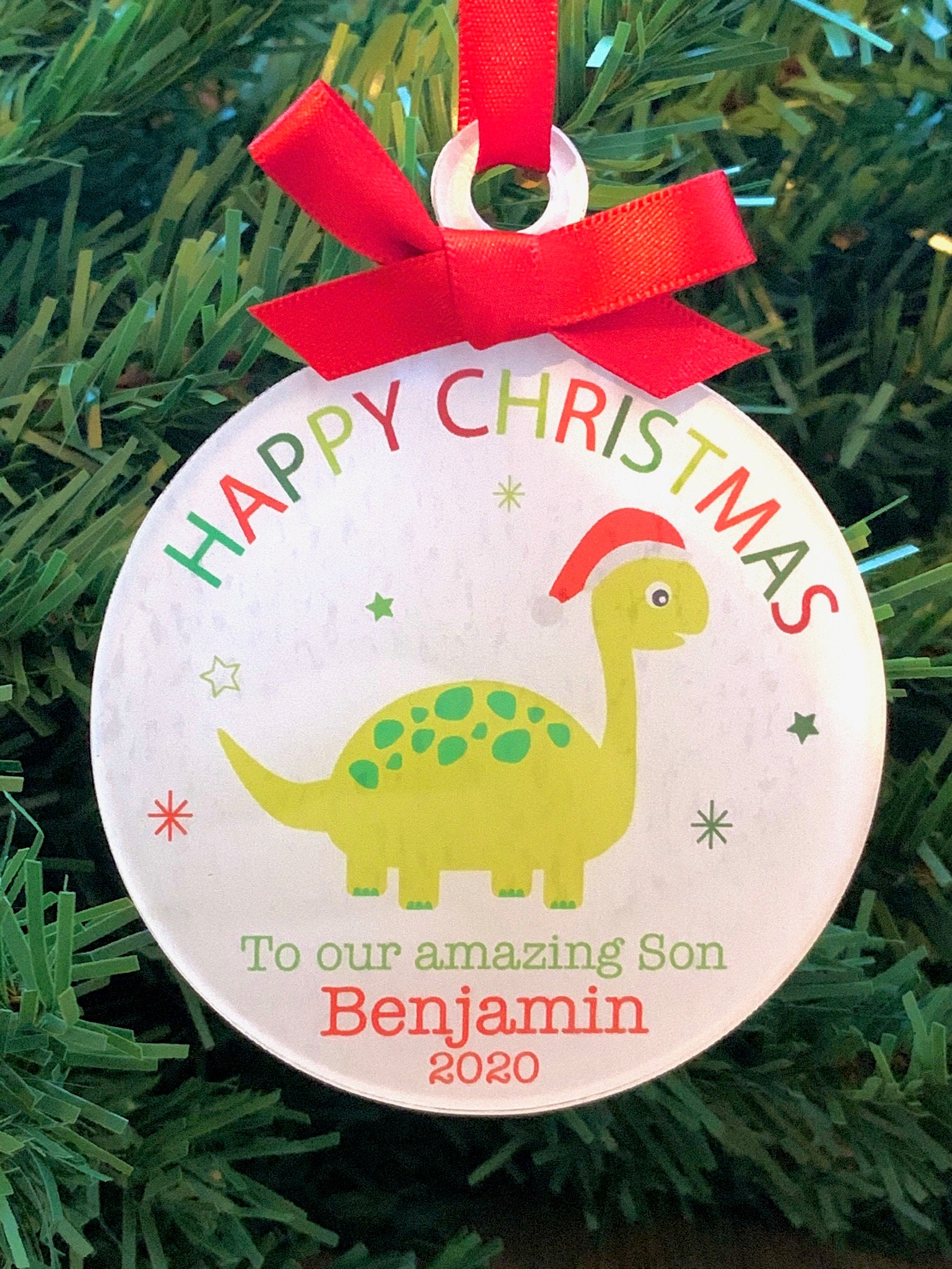 Personalised Dinosaur Christmas Bauble For Son / Grandson / Nephew